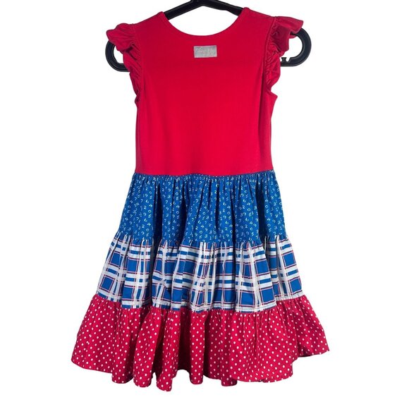 Eleanor Rose Girls Red Blue Ruffle Dress Polka Dots Plaid Americana Twirl 7-8 - Picture 2 of 6